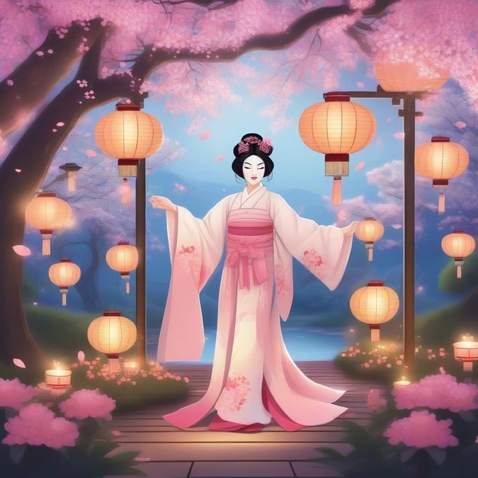 Umarmen Sie die Schönheit von Tradition und Natur mit dieser ruhigen Anime-Illustration. Eine Geisha in einem weißen Gewand steht zwischen rosa Kirschblüten und üppigem Grün und schafft eine harmonische Szene, die von der Anmut und Eleganz der japanischen Kultur spricht.