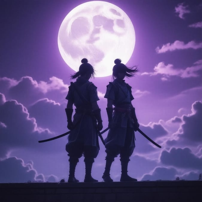 Immerse yourself in the captivating world of Anime with this stunning wallpaper featuring two ninja warriors standing on a moonlit rooftop, their silhouettes illuminated by the moonlight against a breathtaking purple and blue sky.