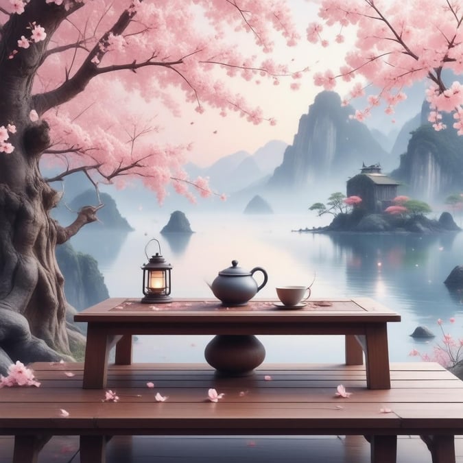 Immerse yourself in the serene world of anime with this captivating wallpaper, featuring a traditional tea ceremony set against a stunning backdrop of cherry blossom trees.