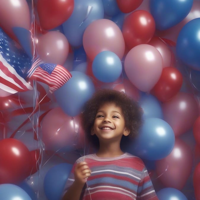 A young boy in an American flag shirt is delightfully immersed in a sea of patriotic balloons, evoking the joy and spirit of America's birthday.