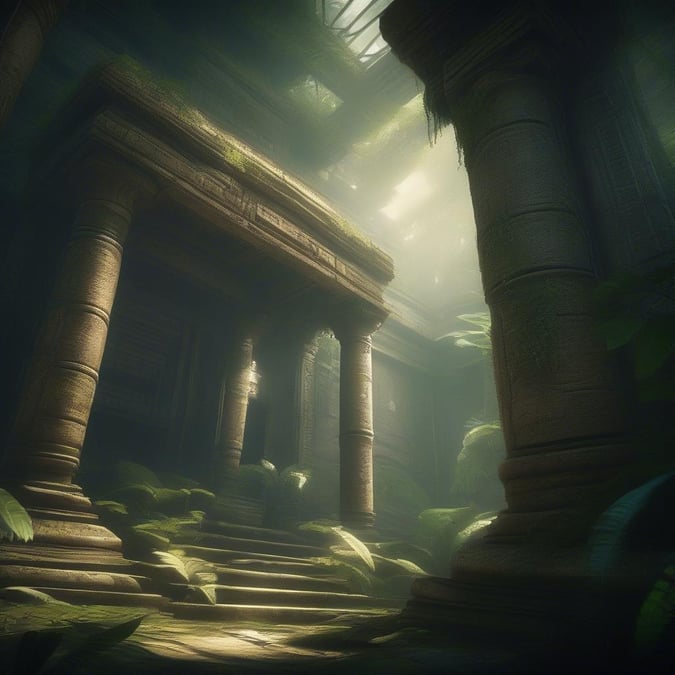 Embark on an epic adventure through the ruins of a mysterious temple hidden within a dense, misty rainforest. This ancient landmark stands as a testament to a bygone era, now veiled in foliage and overtaken by nature.