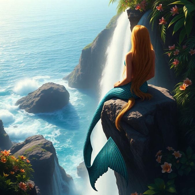 Discover the enchanting world beneath the waves with this mermaid overlooking a tropical paradise.