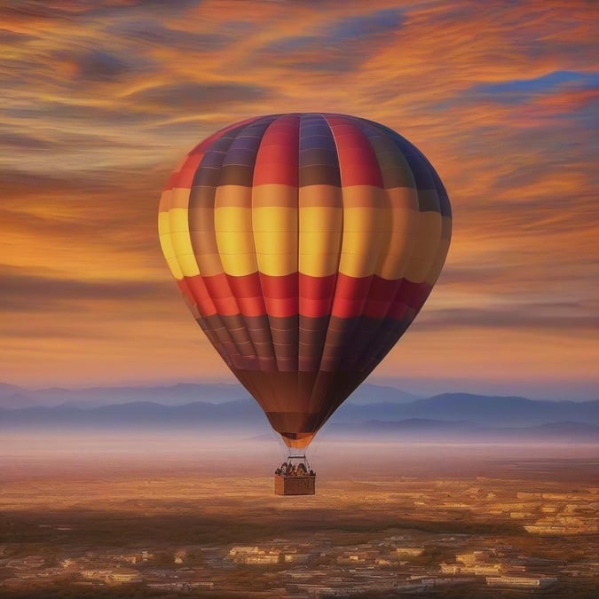 An iconic Easter hot air balloon floats in a clear sky above the desert landscape, symbolizing freedom and adventure.