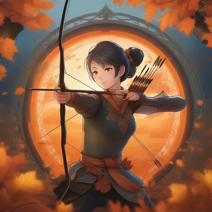 A captivating anime-style illustration of a young archer, poised and focused as she takes aim at her target.