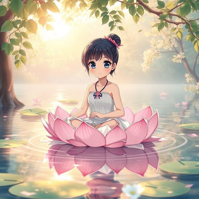 This serene anime-style wallpaper features a young girl meditating in a boat of lotus flowers, drifting across a peaceful lake. Her tranquil gaze meets the viewer's, while the intricate details of the boat and the subtle color palette create a harmonious scene.