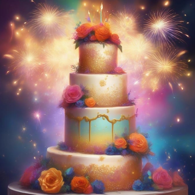 A vibrant, colorful cake with sparkling effects and fireworks in the background, perfect for a festive celebration.