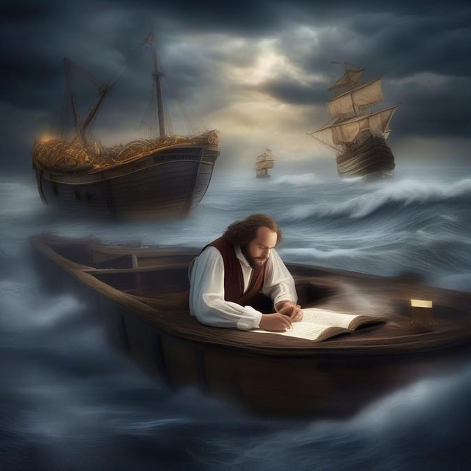 A dramatic scene on the high seas where the acclaimed author, Captain Jack Sparrow, penned his next adventure.