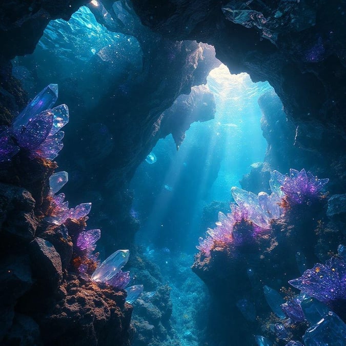 Discover the enchanting world beneath the sea. This breathtaking scene showcases a unique ecosystem thriving in the depths of an underwater cave, illuminated by sunlight filtering through its openings.