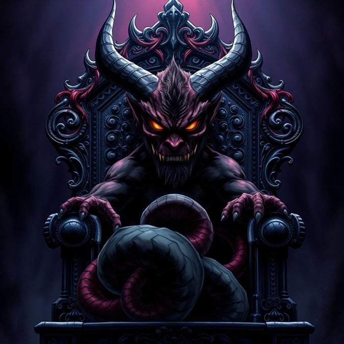 Behold the mighty Demon King, ruler of the underworld, seated upon his throne, exuding power and intensity.