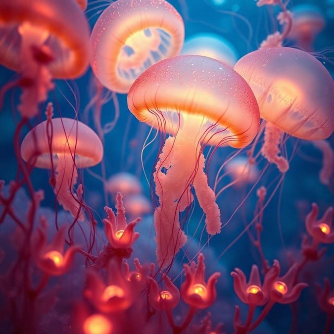 This stunning wallpaper features a school of jellyfish swimming in the ocean, creating a mesmerizing display of color and movement. The jellyfish are depicted in various shades of pink and purple, with their translucent bodies glowing in the sunlight. The background of the image is a deep blue, representing the ocean water, and the overall effect is one of serenity and wonder.