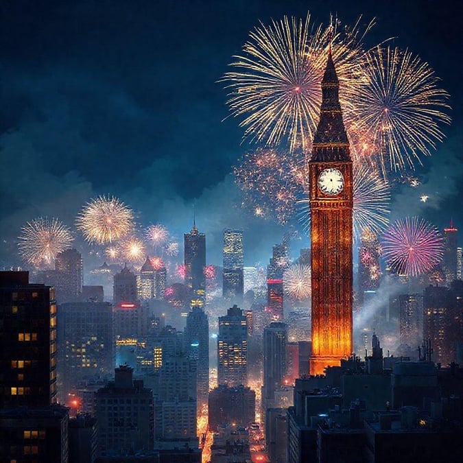 Ring in the New Year with this picturesque view of London's iconic clock tower, Big Ben, illuminated against a night sky filled with fireworks. The grand architecture of the clock tower stands majestically, with its rich history adding to the charm of the celebration.