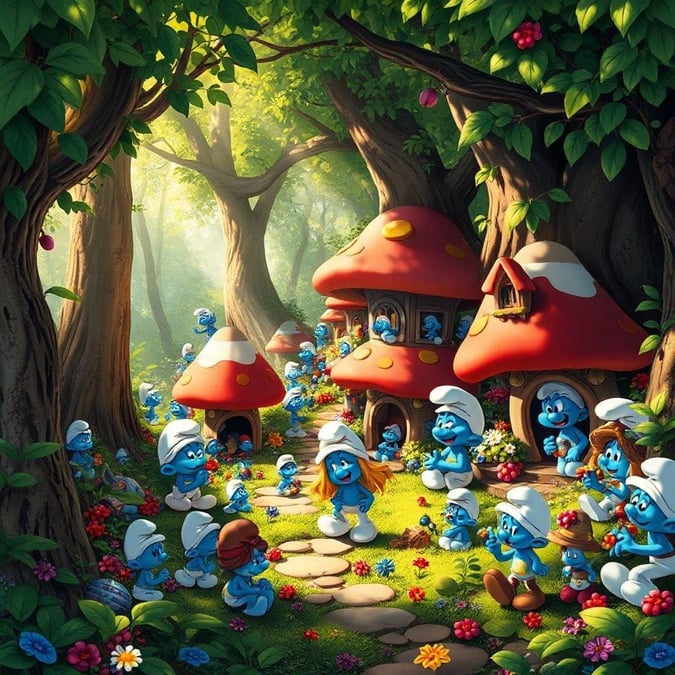 A lively scene from Smurf Village, where all the little Smurfs are hanging out and enjoying a day in the forest.