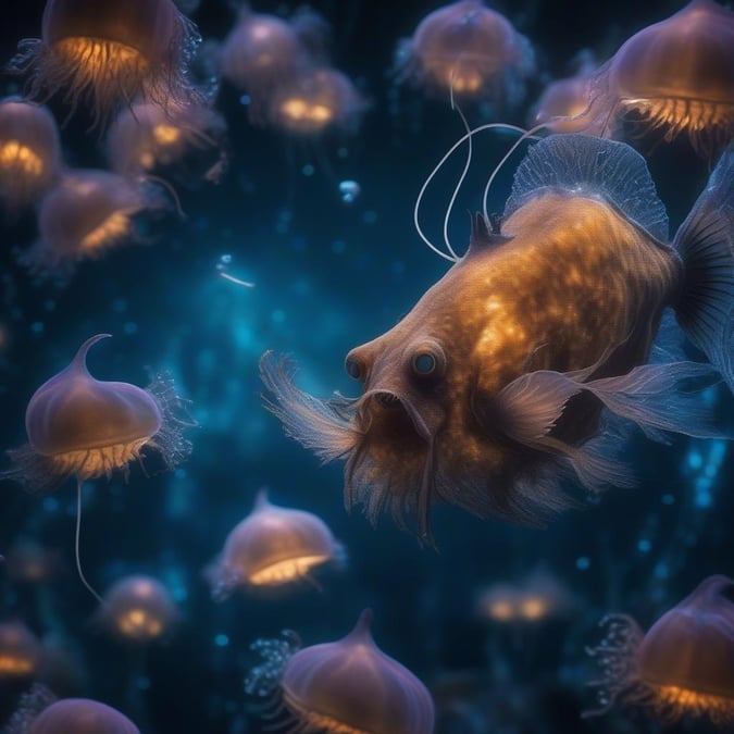 This stunning wallpaper captures the serene beauty of an underwater scene, where jellyfish and fish coexist in perfect harmony. The image features a school of jellyfish swimming gracefully through the water, their translucent bodies glowing softly in the sunlight. In the background, a large fish swims by, its scales shimmering in the light. The overall effect is one of peacefulness and tranquility, inviting the viewer to step into the underwater world and experience its beauty for themselves.