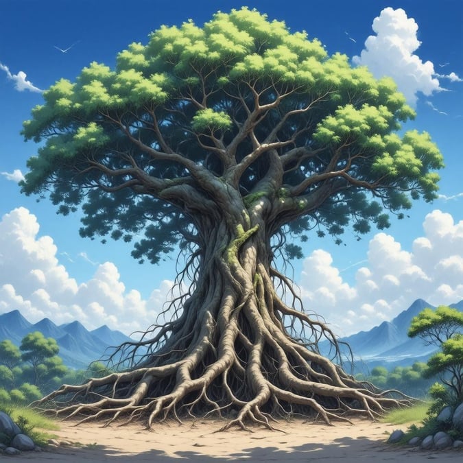 Immerse yourself in the serene beauty of this anime-style tree wallpaper, featuring a majestic tree with a sprawling root system that stretches into the sky. The vibrant green roots and deep blue sky create a sense of tranquility, while the distant mountains add depth to the scene. Perfect for desktop and mobile use, this wallpaper captures the essence of anime in a peaceful and ethereal moment.