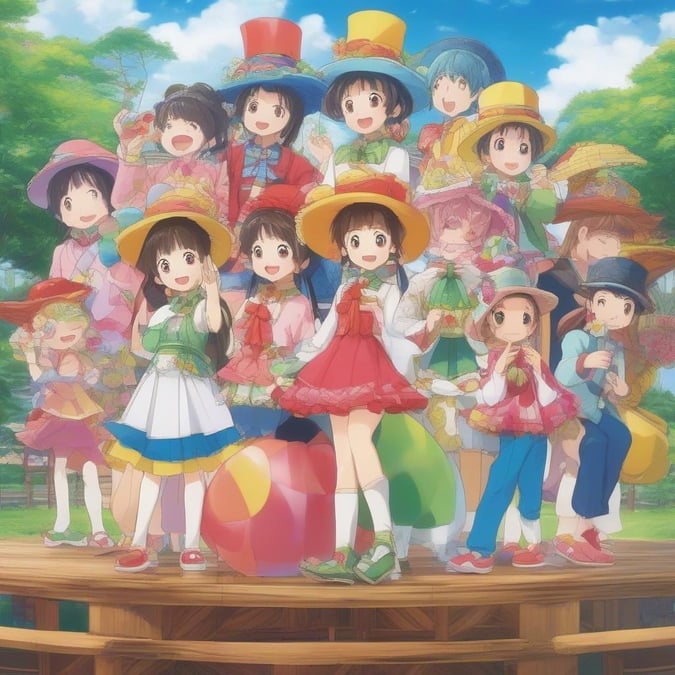 A lively animated celebration with colorful outfits and hats, featuring a young girl in the center leading the cheer. A vibrant array of anime characters brings joy to the scene.