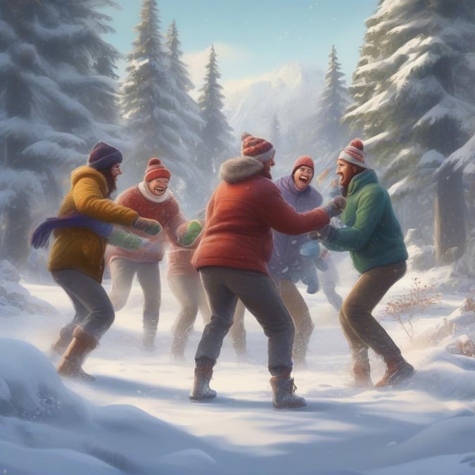 This festive winter wallpaper captures the joy of snowball fights with friends and family. The image showcases a group of people having a blast in the snow, surrounded by the beauty of winter. The vibrant colors and lively atmosphere make it the perfect addition to your desktop or mobile device.