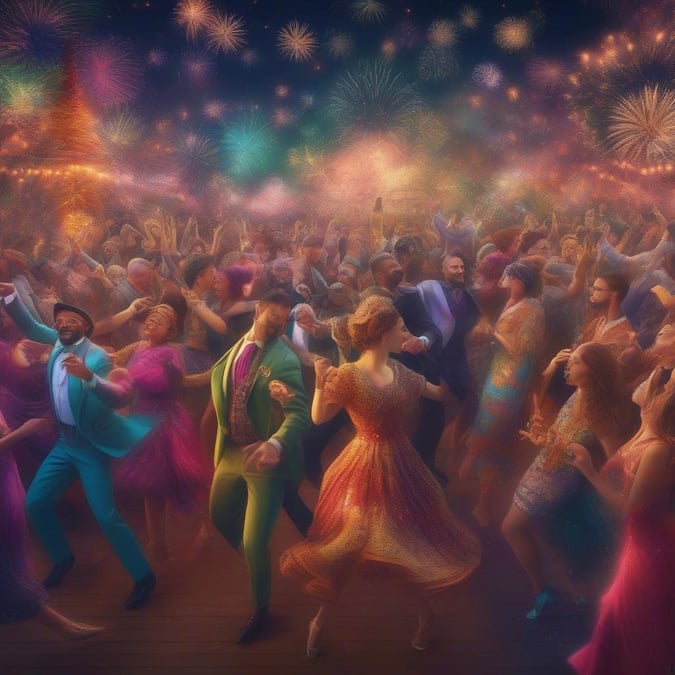 A lively crowd at a festive New Year's Eve party, with colorful fireworks lighting up the night sky.