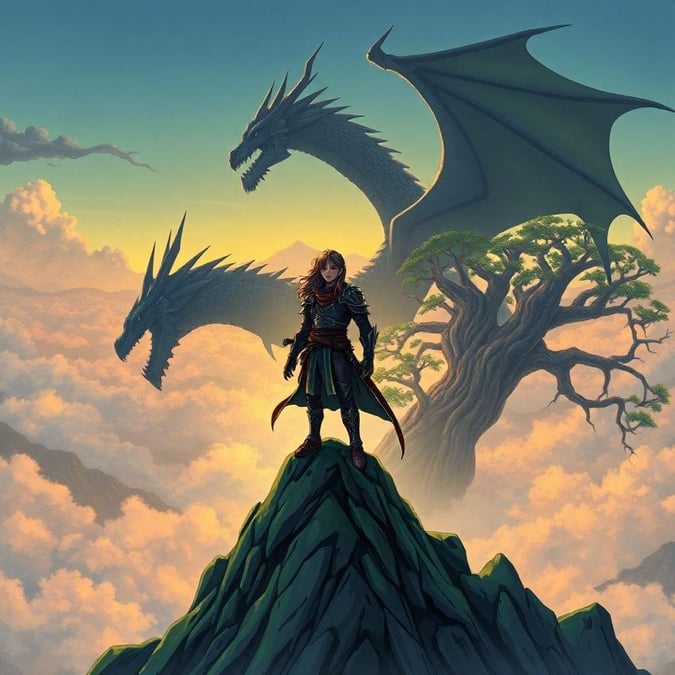 This anime illustration features a young warrior standing on a mountain peak, with a majestic dragon as the focal point. The warrior's silhouette is highlighted against the rugged terrain, while their long hair and beard contrast the natural surroundings. The misty landscape in the background adds to the enchanting atmosphere, making this scene perfect for fans of fantasy and adventure.