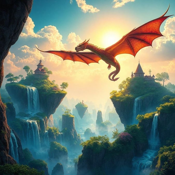 A magical land with dragons soaring over lush landscapes, perfect for a fantasy-themed wallpaper.