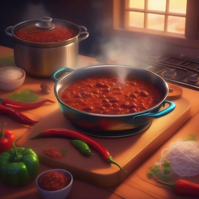 A hearty bowl of chili con carne, perfect for a cozy night in. The rich, savory flavors of the beef and beans are sure to hit the spot.