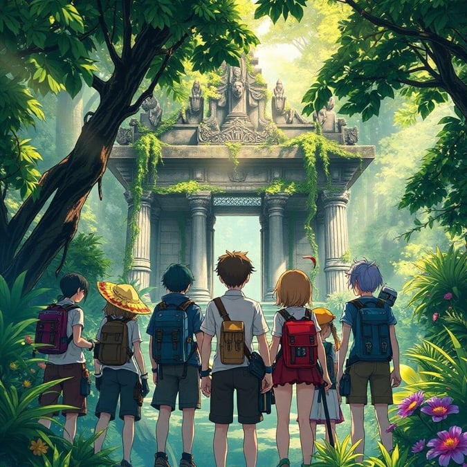 A captivating anime illustration of a group of adventurers exploring an ancient temple in the heart of a dense jungle, exuding a sense of mystery and adventure.