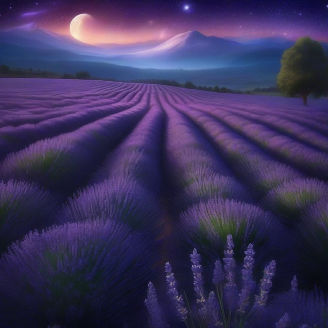 A tranquil scene featuring a vast lavender field, bathed in the warm glow of sunset against the backdrop of an evening sky filled with stars.