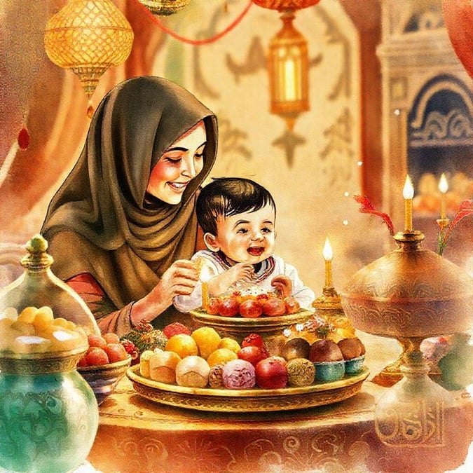 A mother and her child enjoying a meal together during Ramadan. The mother is wearing a hijab and the child is sitting on her lap. They are both smiling and looking at each other. The table is set with a variety of fruits and pastries, and there is a candle burning in the background. The atmosphere is warm and cozy, and the overall mood is one of love and togetherness.