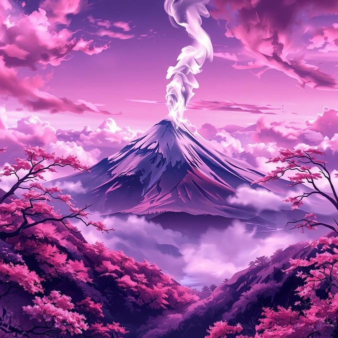 Experience the serene beauty of Mount Fuji in this stunning anime-inspired wallpaper. The majestic mountain stands tall, surrounded by lush forests and towering cherry blossom trees, all bathed in a soft pink and purple glow.