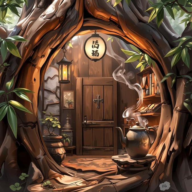 Immerse yourself in the serene ambiance of this anime-style tea shop, nestled within a hollowed-out bamboo tree. The wooden door and small window create a sense of tranquility, while the steam rising from the teapot adds a touch of magic.