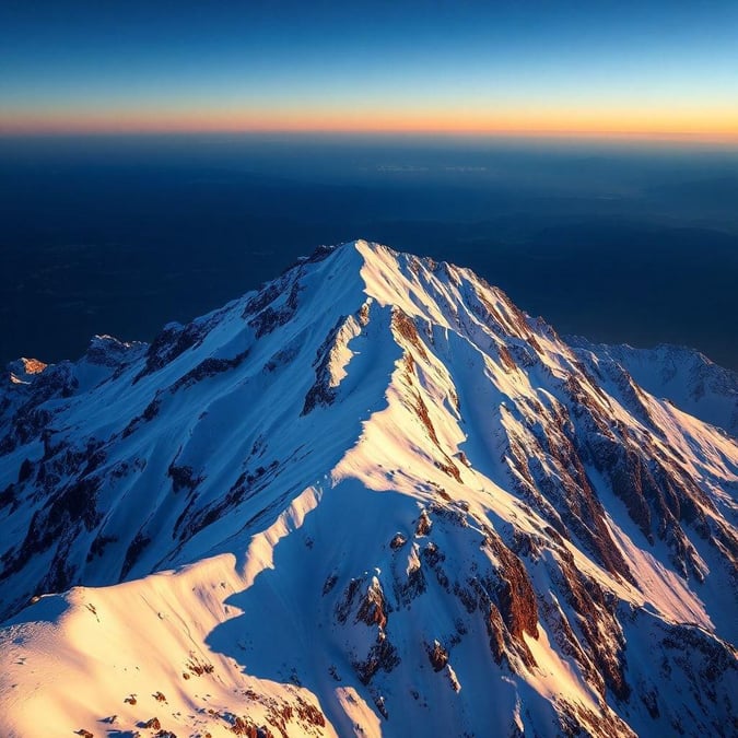 The image showcases a majestic snow-covered mountain peak at sunset, with the sky painted in hues of orange and yellow. The mountain's rugged terrain and the snow-covered slopes create a breathtaking landscape.