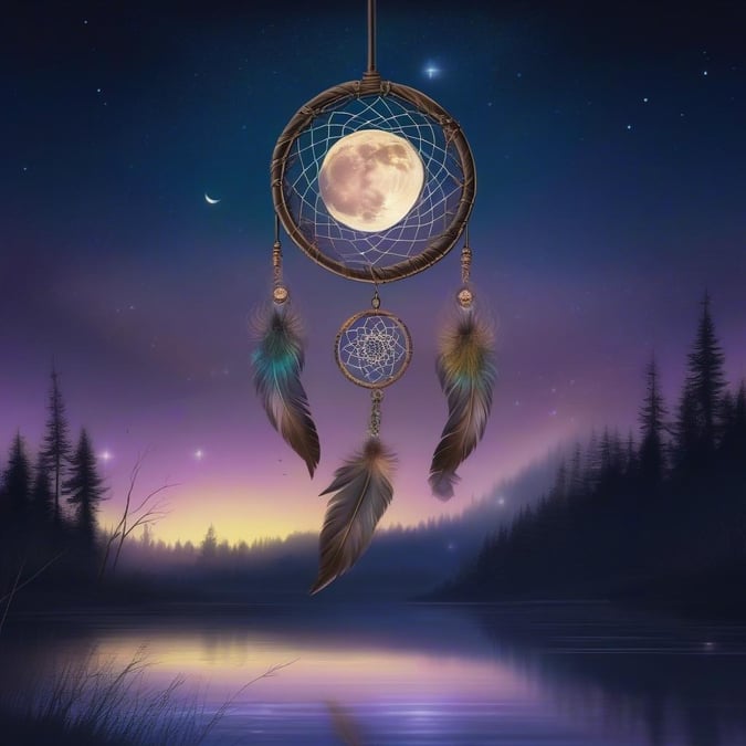 A mystical night scene featuring a native American dream catcher against the backdrop of a moonlit forest with tranquil waters.