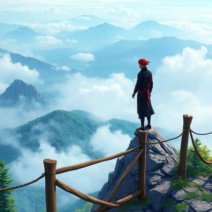 This captivating anime wallpaper features a lone ninja warrior standing atop a mountain peak, gazing out over a misty valley. The warrior is dressed in a sleek black outfit and a vibrant red hat, exuding a sense of mystery and adventure. The foreground is adorned with a rustic wooden fence and a metal railing, adding a touch of elegance to the scene. The lush green forest in the background creates a sense of depth and tranquility, while the blues and greens of the scene evoke a feeling of serenity. This stunning wallpaper is perfect for anyone who loves anime, adventure, or simply appreciates a beautiful landscape.