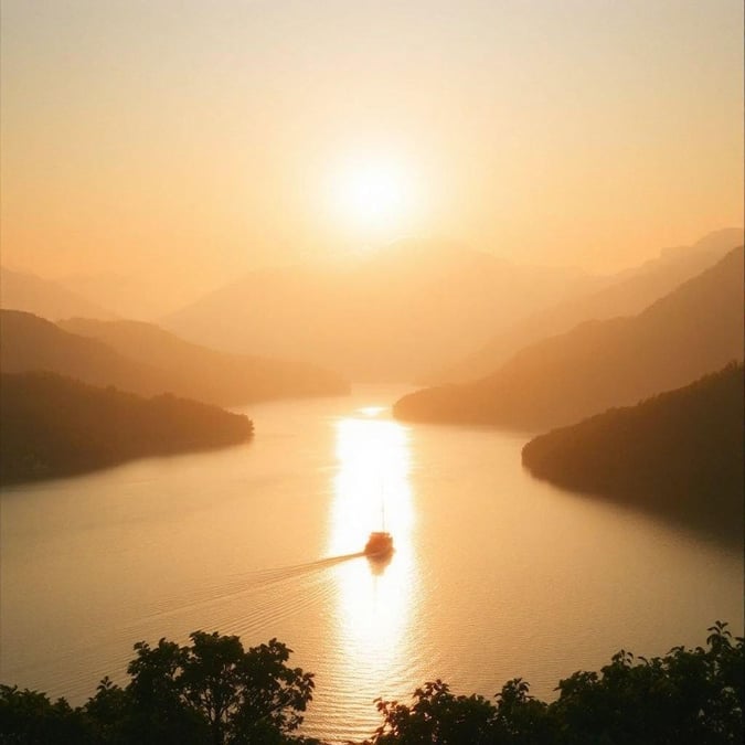 A breathtaking sunset over a tranquil lake, creating a peaceful atmosphere.