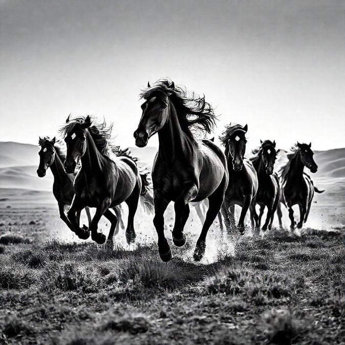 This black and white photo captures the essence of wild horses galloping through a desert landscape. The dynamic movement is frozen, showcasing the power and grace of these majestic creatures against the stark backdrop.