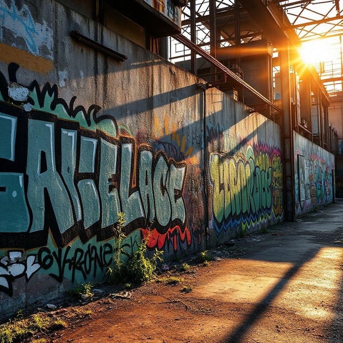 A vibrant urban scene captured at sunset with graffiti adorning a concrete wall.