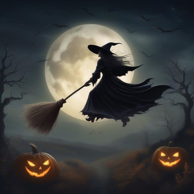 Witch soars through the night sky with her broomstick, en route to a spooky celebration. Spooky and festive wallpaper for desktop and mobile.