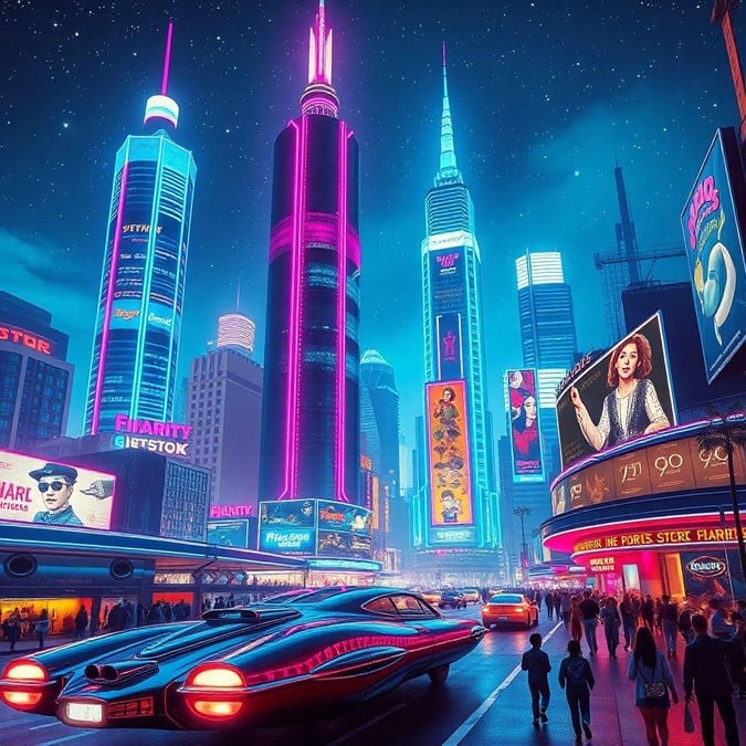 A bustling downtown metropolis aglow with neon lights, towering skyscrapers reach for the night sky. Futuristic vehicles hint at a city that's always on the move.