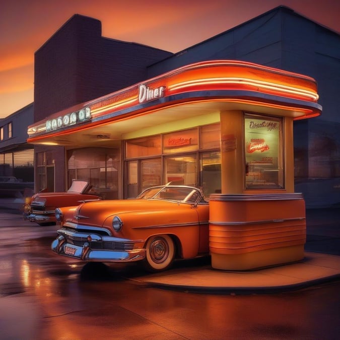 A vibrant vintage diner at dusk with classic cars parked out front, a nostalgic setting perfect for a cozy meal.