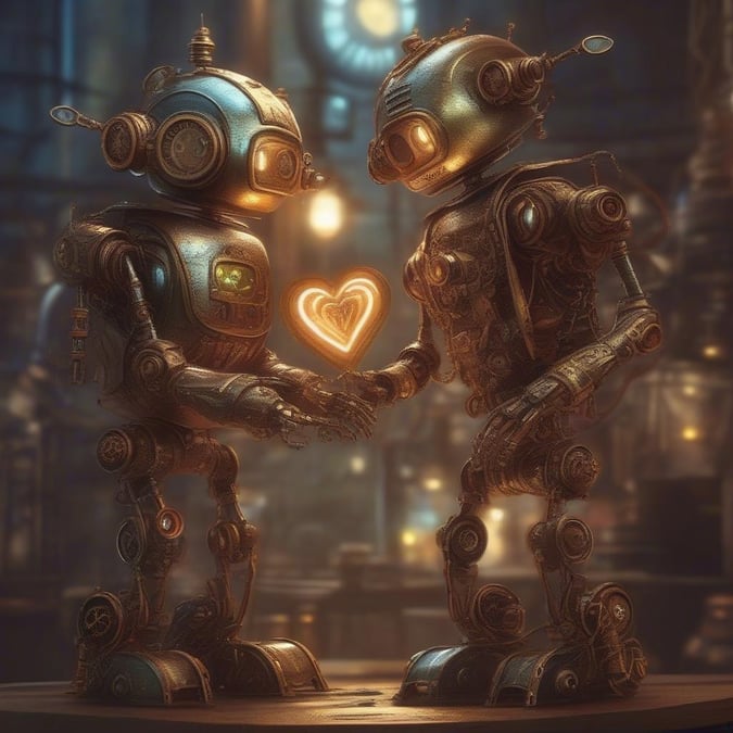 This wallpaper captures the essence of love and friendship between two robot characters on the special day of Valentine's. The robots, with their gears and mechanisms, are a symbol of technological advancement, yet they showcase emotions that transcend even the most advanced technology.