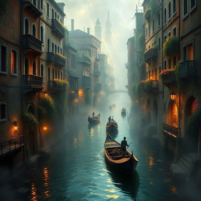 This image captures the breathtaking beauty of a Venice canal at sunset. The warm, golden light of the setting sun casts a magical glow over the water, illuminating the historic buildings and creating a sense of tranquility. The image is a perfect representation of the city's unique charm and beauty.