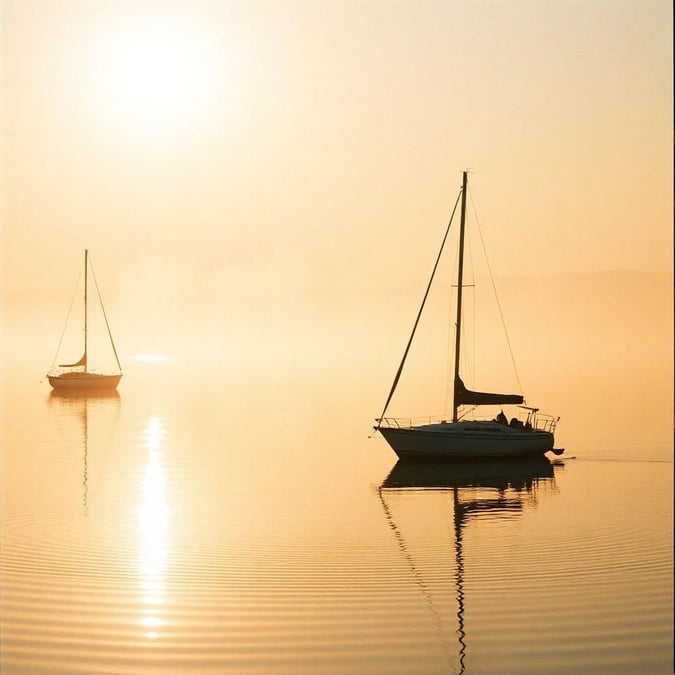 Two sailboats grace the tranquil waters as the day's warm hues mingle with cooler evening tones.