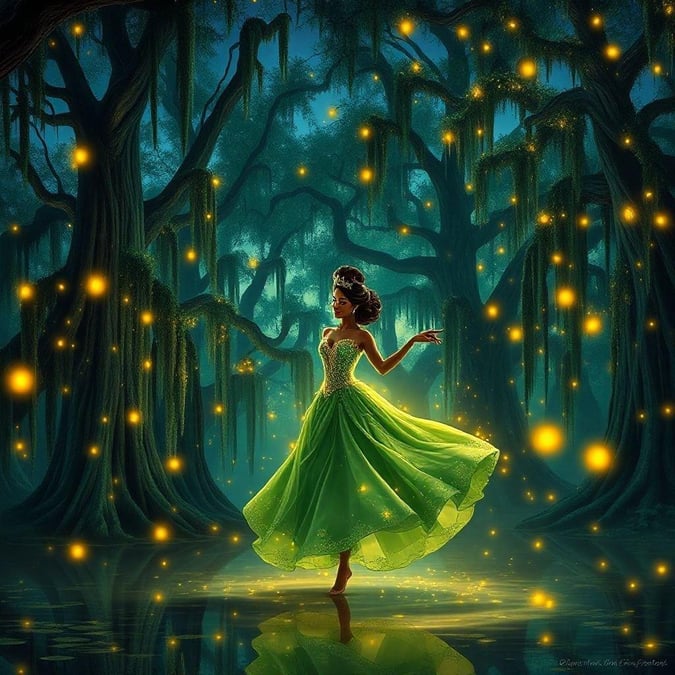 Step into the magical world of Disney's 'The Princess and the Frog' with this stunning wallpaper featuring Princess Tiana standing in a mystical swamp, surrounded by fireflies and Spanish moss. The image showcases the beauty and wonder of the Disney character in a unique and captivating way.