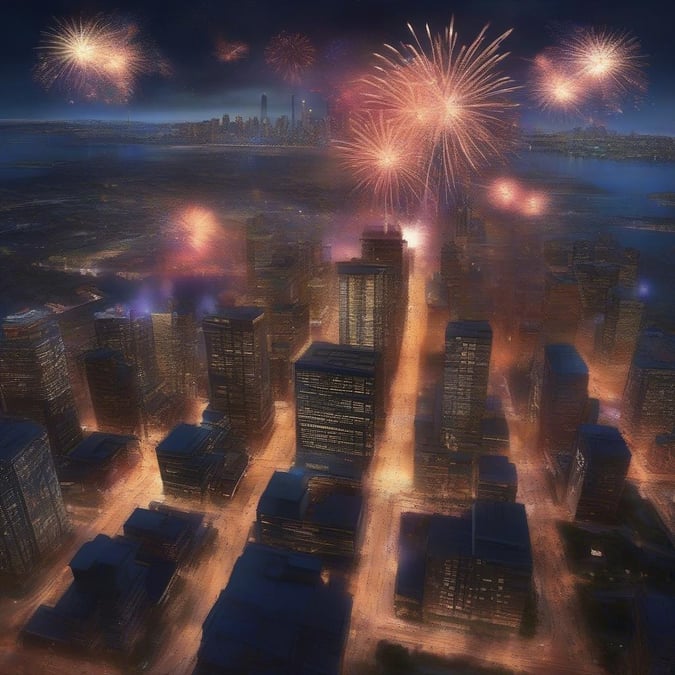 A breathtaking view from the heart of a bustling city, as the night sky explodes with colorful fireworks. The lights twinkle like stars against the backdrop of towering buildings and a serene body of water. This is a celebration that brings people together in unity and joy.