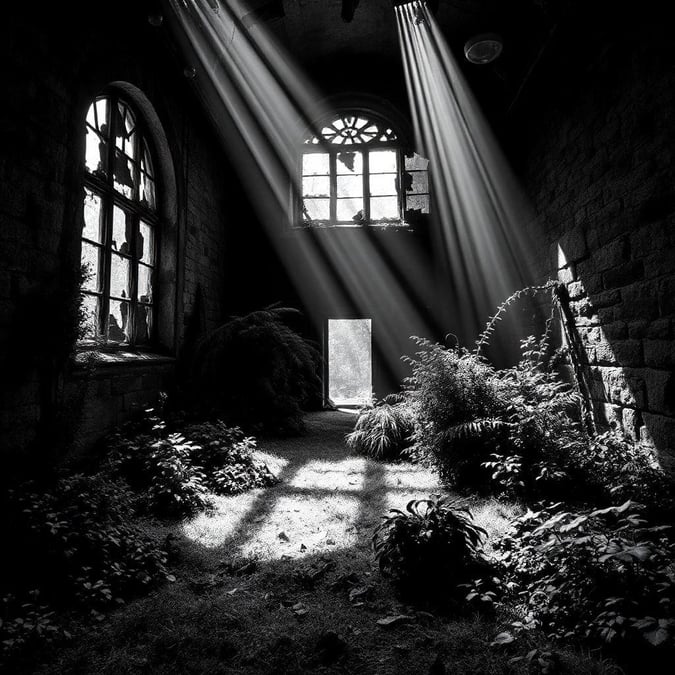 An overgrown, ancient room filled with sunlit foliage, exuding a sense of tranquil neglect.