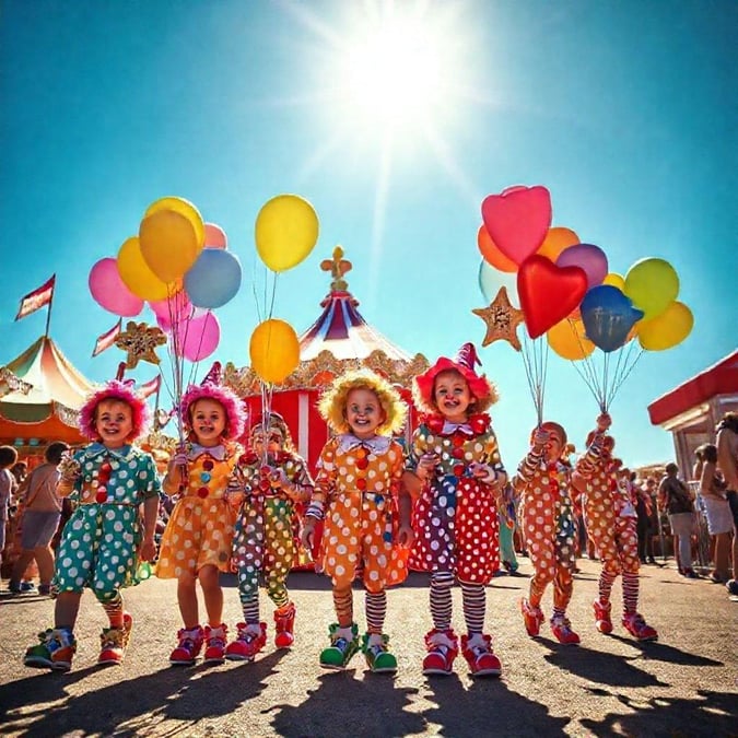 A cheerful gathering of kids dressed as clowns, ready to entertain at a festive carnival event.