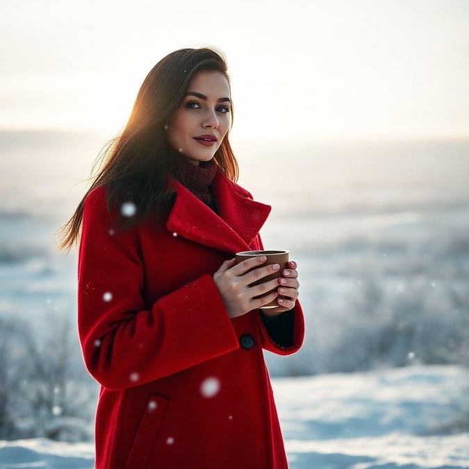 Fashionable moment captured as a woman enjoys her warm beverage amidst winter's embrace.