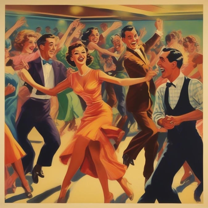 Jump into the past with this vibrant retro dance scene. The joyous energy of the crowd and the swinging hips of the lead dancer bring back a nostalgic era of elegance, celebration, and good times.