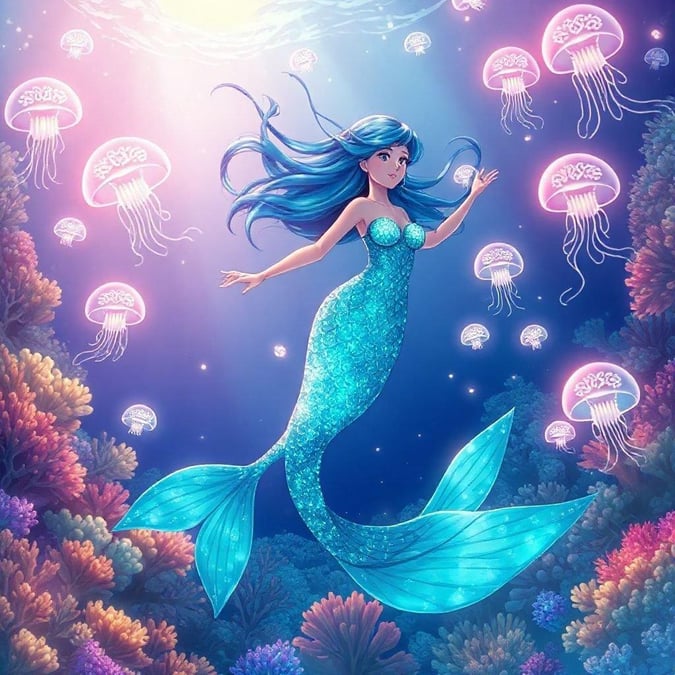 In questa scena incantevole, una sirena simile a una principessa nuota attraverso una vibrante barriera corallina. Le sue squame blu e verdi brillano alla luce e è circondata da meduse che aggiungono un tocco etereo al mondo sottomarino.