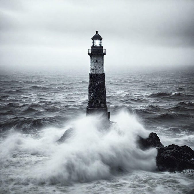 Casual, atmospheric black and white photograph featuring a lighthouse amidst rough seas. This image evokes the timelessness and serene strength of these iconic structures in the face of nature's tempests.