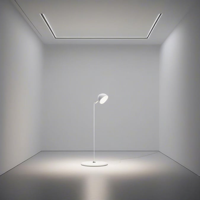 A sleek modern floor lamp stands alone in a pristine, minimalist space, casting an inviting glow.